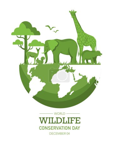 World wildlife conservation day. Elephant, giraffe, deer and bear silhouettes near trees. Poster or banner in paper cut style. International holiday December 4. Cartoon vector illustration