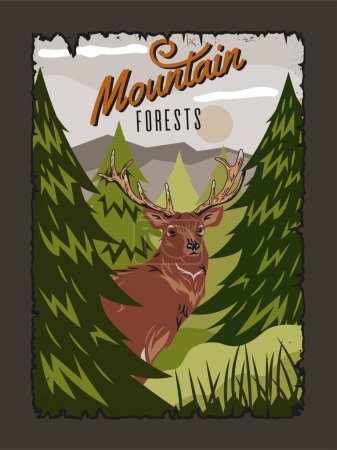 Illustration for Poster with deer in forest. Summer landscape with herbivore, green pines and trees. Mountains, scenery, wildlife. Mammal with horns lives in national park reserve. Cartoon flat vector illustration - Royalty Free Image