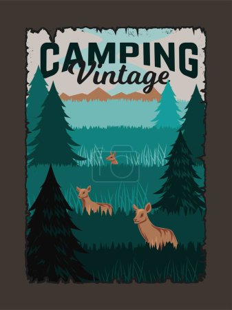 Illustration for Poster with doe and forest. Herbivores among green grass and pines. Vintage covers with mammals and national park scenery. Mountains, camping, wildlife concept. Cartoon flat vector illustration - Royalty Free Image