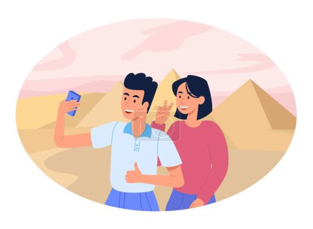 Illustration for Tourism and pyramids concept. Man and woman take selfie against backdrop of traditional Egyptian fossils and wonders of world. Vacation in tropical countries. Cartoon flat vector illustration - Royalty Free Image