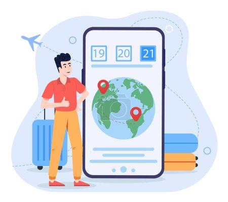Airline booking concept. Man stands near screen of smartphone and multicolored suitcases. Travel and tourism, flight. Hopliday and vacation in other country. Cartoon flat vector illustration
