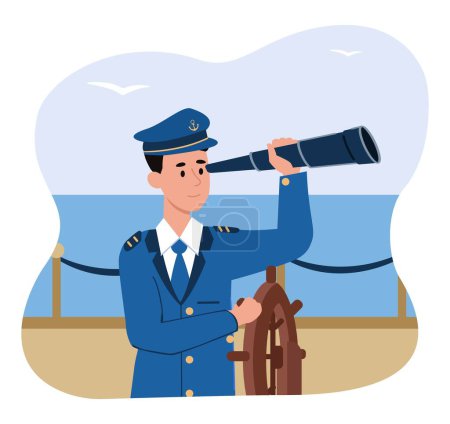 Illustration for Captain at boat. Man in uniform with binoculars stands at helm. Metaphor of leadership and motivation, vision of future. Talented and successful businessman. Cartoon flat vector illustration - Royalty Free Image