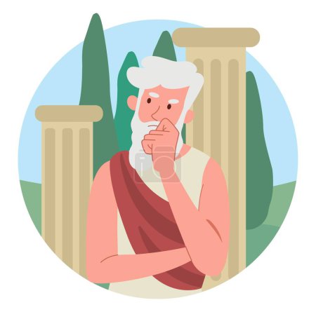 Illustration for Ancient philosopher concept. Elderly man in sheet stands against backdrop of marble columns. Classical greek thinker, Socrates. Old pensive person. Cartoon flat vector illustration - Royalty Free Image