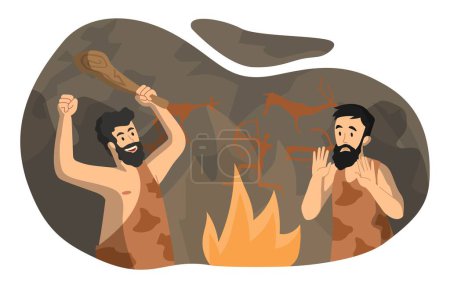 Illustration for Primitive people concept. Men in cave in ancient clothes near fire. History BC, Mesozoic and Paleozoic. Cavemans, neanderthals near bonfire at background of draw. Cartoon flat vector illustration - Royalty Free Image