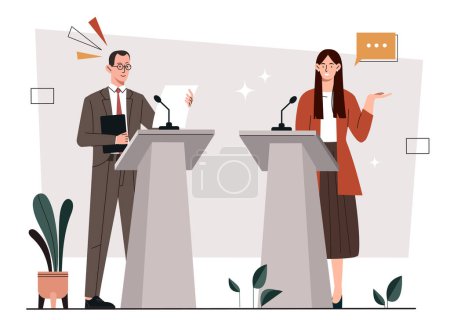 Illustration for Political debates concept. Man and woman stand behind microphone stands. Pre election campaign of presidential candidates. Democracy and freedom of speech. Cartoon flat vector illustration - Royalty Free Image