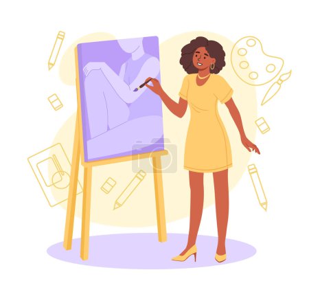 Illustration for Girl draw concept. Woman in yellow dress with tassel in her hand stands near canvas with picture. Character in studio or workshop. Creativity and art. Cartoon flat vector illustration - Royalty Free Image