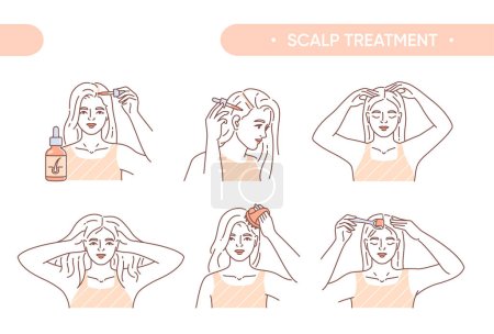 Haarpflegeset vorhanden. Massageanleitungen für Schönheitsbehandlungen, um das Wachstum anzuregen. Mädchen trägt Serum auf Follikel und Kopfhaut auf. Schönheitsroutine. Lineare flache Vektorsammlung isoliert auf weißem Hintergrund