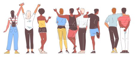 People from back view. Young characters stand together from behind. Friends hugging, communicate and rejoice. Men and women in clothes. Hand drawn flat vector collection isolated on white background