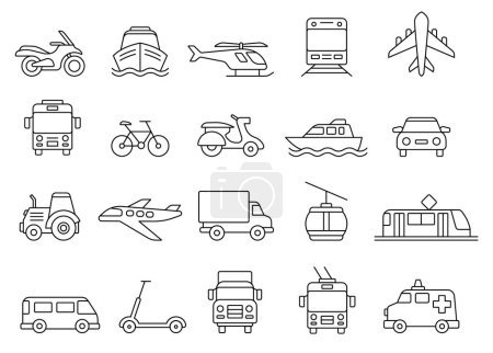 Illustration for Transport icons set. Vehicle stickers in line art style for apps. Outline cars, trucks, tractor, plane, scooter, bus and motorcycle. Linear flat vector collection isolated on white background - Royalty Free Image