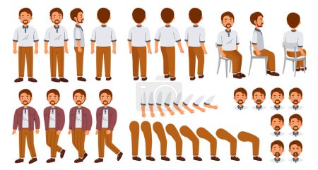 Illustration for Character for animation. Man creation set with various emotions, poses, gestures and body parts. Father sits, stands and shows grimaces. Cartoon flat vector collection isolated on white background - Royalty Free Image