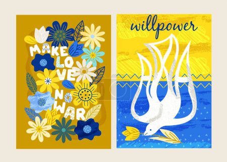 Illustration for Peace and no war. Posters with Ukrainian yellow blue flag, flowers and white dove. Flyers with symbol of freedom, independence and peace. Cartoon flat vector collection isolated on white background - Royalty Free Image