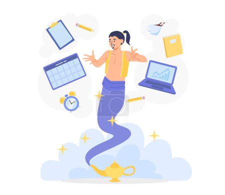 Illustration for Genie from lamp helps with work concept. Fairy tale character next to notebooks, graphs and diagrams. Man solves work tasks. Fictional guy in office, workplace. Cartoon flat vector illustration - Royalty Free Image