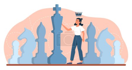 Illustration for Confident woman with chess pieces concept. Planning and goal setting, strategy. Business person with start up or project. Young girl with chess game. Cartoon flat vector illustration - Royalty Free Image
