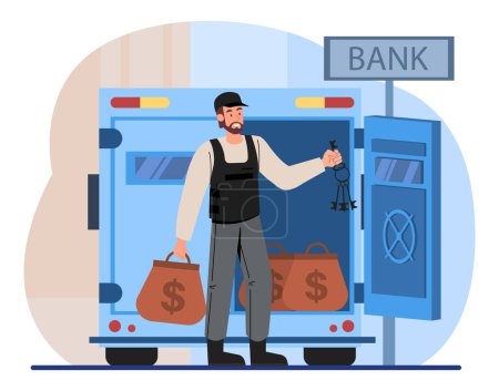 Illustration for Encashment man near bank concept. Man with bags of money near armored car. Security guard and worker with cash dollars. Professional bank staff in bulletproof uniform. Cartoon flat vector illustration - Royalty Free Image