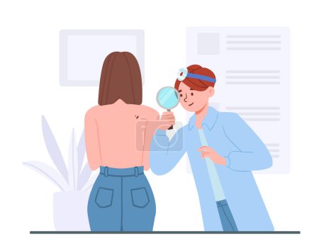 Girl with melanoma at hospital concept. Doctor with magnifying glass examines cuts on back of young girl. Patient with skin problem visited dermatologist. Cartoon flat vector illustration