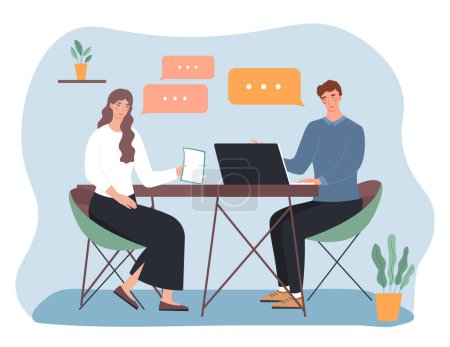 Illustration for Colleagues talking in office concept. Man and woman sitting at table and explaining project or start up. Brainstorming, discussion. Collaboration and cooperation. Cartoon flat vector illustration - Royalty Free Image