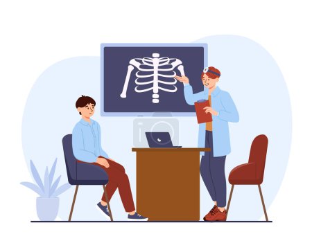 Illustration for X ray medical research concept. Doctor diagnoses patient. Hospital visit and examination. Pulmonology and respiratory diseases, radiology. Human body, skeleton. Cartoon flat vector illustration - Royalty Free Image