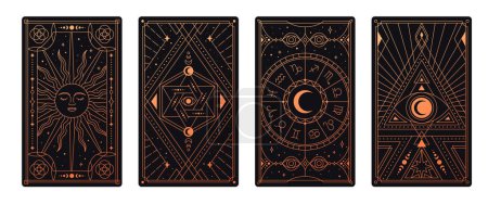 Illustration for Esoteric tarot card set. Magic poster for divination and prediction of fate. Geometric sacred print with astrology and destiny. Occult mystical symbol and natal chart. Cartoon flat vector illustration - Royalty Free Image