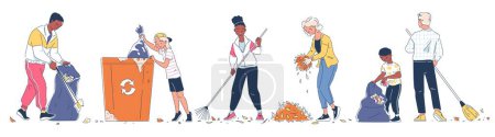 Illustration for People collect garbage set. Volunteer characters picking up litter, sweeping, sorting plastic into trash containers. Adults and children clean nature. Linear flat vector isolated on white background - Royalty Free Image