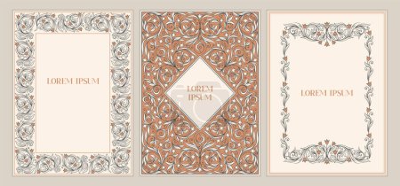 Illustration for Vintage engraving frames set. Design with template for covers of holiday invitation, book, menu, package and label. Floral posters with ephemera and blooming patterns. Cartoon flat vector illustration - Royalty Free Image