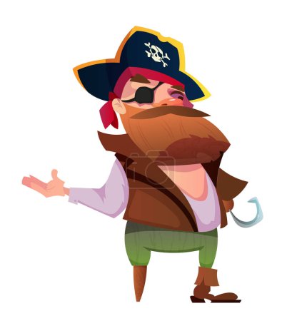 Ilustración de Pirata con gancho. Carácter con barba y bigote vestido de ladrón de mar. Hombre capitán con gancho para la mano y sombrero negro con Jolly Roger. Ilustración vectorial plana de dibujos animados aislada sobre fondo blanco - Imagen libre de derechos