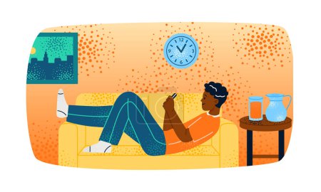 Téléchargez les illustrations : Un homme à la maison. Adolescent couché sur un canapé orange et se reposant. Caractère souriant avec textos de téléphone portable. Calme garçon passer du temps seul. Illustration vectorielle plate de bande dessinée isolée sur fond blanc - en licence libre de droit