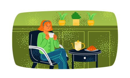 Téléchargez les illustrations : Femme à la maison. Femme assise dans un fauteuil à la table basse, mangeant croissant et buvant du thé dans une tasse. Jeune fille qui se repose seule en pause. Illustration vectorielle plate de bande dessinée isolée sur fond blanc - en licence libre de droit
