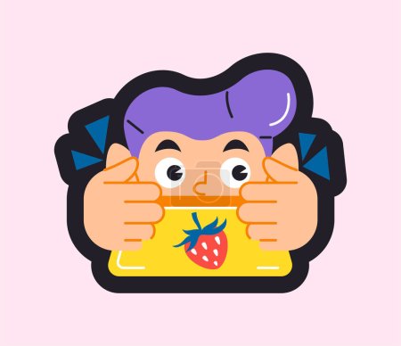 Illustration for Back to school icon. Sticker with shy boy peeking out from behind pencil case. Badge with schoolboy character for apps and websites. Cartoon flat vector illustration isolated on white background - Royalty Free Image
