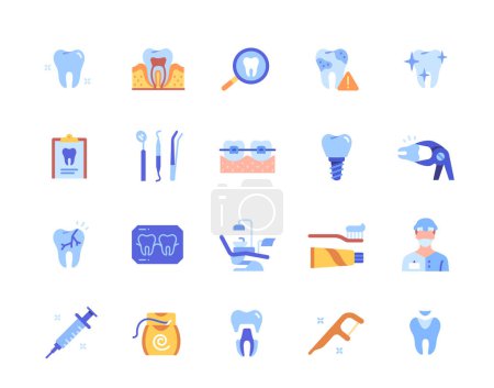 Illustration for Dentistry and teeth icons. Color stickers with dental floss and brush, braces and medical supplies. Dentist, toothache and caries concept. Cartoon flat vector collection isolated on white background - Royalty Free Image