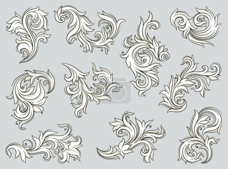 Barocke Sticker Set vorhanden. Grafische Gestaltungselemente mit eleganten Spiralornamenten und Mustern. Abgerundete Ikonen im Rokoko-Stil für Tapeten. Lineare flache Vektorsammlung isoliert auf weißem Hintergrund
