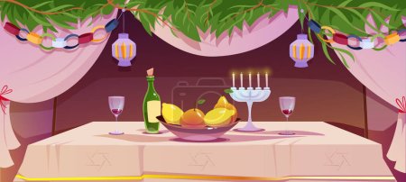 Jewish holiday happy Sukkot. Poster with Israeli traditional holiday hashanah. Festive banner with decorated interior, arava, estrog and table with fruits and wine. Cartoon flat vector illustration