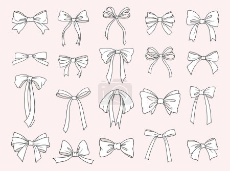 Illustration for Set of bows. Outline icons with elegant ribbons and ties. Stickers with symbol wedding celebration and birthday party decorations in hand drawn style. Cartoon flat vector isolated on white background - Royalty Free Image