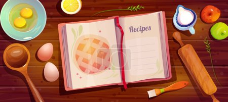 Illustration for Kitchen table with recipe book. Banner with book, kitchen utensils and ingredients for charlotte or apple pie. Wooden desktop with eggs and milk, apples and spoon. Cartoon flat vector illustration - Royalty Free Image
