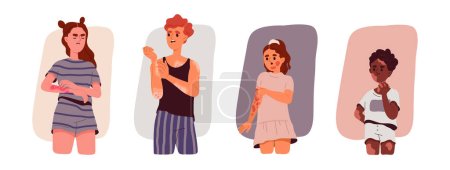 Illustration for People with skin diseases set. Young sad characters with skin rash and allergies, dermatitis and psoriasis. Children and teens suffer from illness. Cartoon flat vector collection on white background - Royalty Free Image