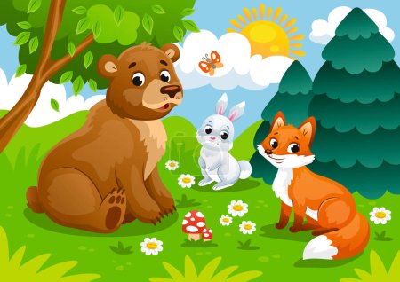 Illustration for Forest cute animals. Friendly rabbit, fox and bear sitting on green meadow with butterfly and flower. Colorful kind character and nature with plants in children style. Cartoon flat vector illustration - Royalty Free Image