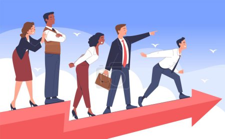 Team of employees and leader. Boss leads workteam to business success and goals. Characters in costumes moving forward. Unity, cooperation and efficiency concept. Cartoon flat vector illustration