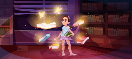 Illustration for Books with magic. Kid in magic library with flying textbooks at night. Young girl in bookstore room or bookshop. Magician character reads fairy tales or stories. Cartoon flat vector illustration - Royalty Free Image