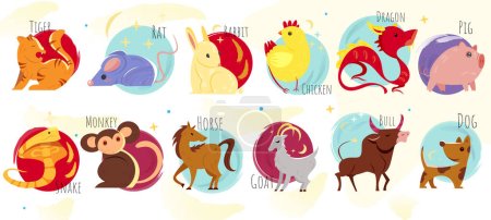 Chinese horoscope icon set. Stickers with dog, rabbit, tiger, dragon, rooster, goat, mouse, pig, monkey, snake, bull and horse. New Year Asian symbol. Cartoon flat vector isolated on white background