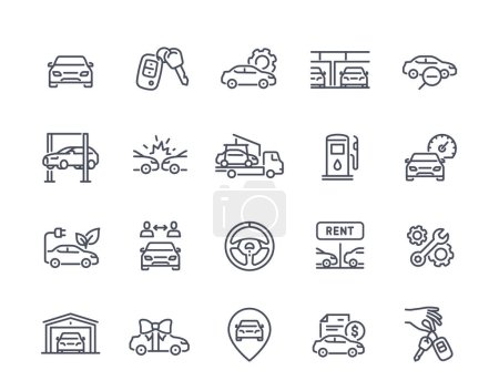 Auto outline icons set. Rent and sale, repair and technical review of car. Simple stickers with transport and trip in line art style. Linear flat vector collection isolated on white background