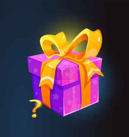 Illustration for Gift box with surprise. Isometric realistic packs with golden ribbon and mystery bonus inside. Volumetric shining present for design of game user interface. 3d vector isolated on dark background - Royalty Free Image