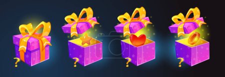 Gift box with surprise set. Volumetric shiny pack with gold ribbon and bow, ring and heart, award and star inside. Isometric realistic presents for game UI. 3d vector isolated on dark background