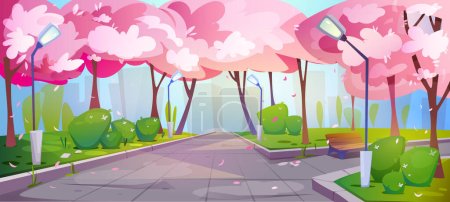 Landschaft mit Sakura. Blühende rosa Kirschbaumblüten im japanischen Park. Leere Gasse für entspannte Spaziergänge mit grünem Gras und fallenden Blütenblättern. Romantische Frühlingslandschaft. Cartoon-flache Vektorillustration