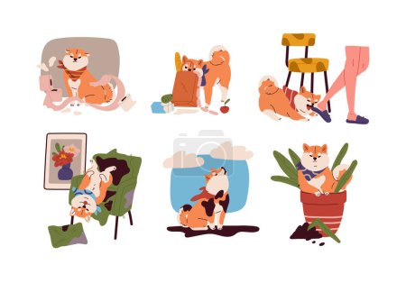 Dogs behavior problems set. Naughty Shiba Inu puppy disobeys and tears toilet paper, soils furniture in house and steals food. Hyperactive pet bites and howls. Cartoon flat vector illustration