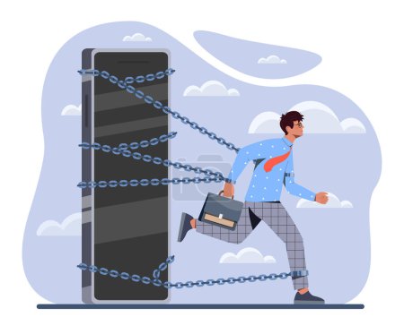 Illustration for Addiction to smartphone concept. Man in suit runs out of smartphone. Young guy tied with ropes. Psychological problems and dependence to social networks. Cartoon flat vector illustration - Royalty Free Image