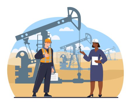 Illustration for People with oil production concept. Man and woman in uniform against background of devices. Geology and mineralogy, soil research and mining. Excavations and digging. Cartoon flat vector illustration - Royalty Free Image