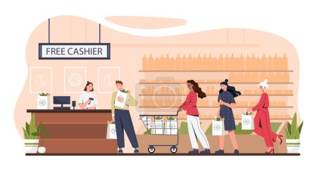 Illustration for Queue at store or shop concept. Men and women with baskets and bags of groceries. Free cashier with clients and buyers. Shopping mall with groceries. Cartoon flat vector illustration - Royalty Free Image