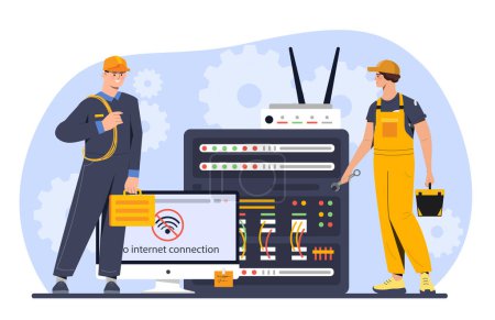 Photo for Disconnecting Internet concept. Men in uniform repairing router, fixing problems with wireless connection. Equipment for online communication and interaction. Cartoon flat vector illustration - Royalty Free Image