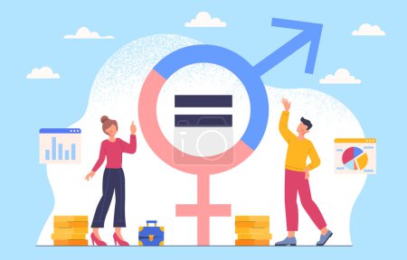 Illustration for Gender equality concept. Man and woman with sex symbols near golden coins. Equal career opportunities for boys and girls. Equality and antidiscrimination, feminism. Cartoon flat vector illustration - Royalty Free Image