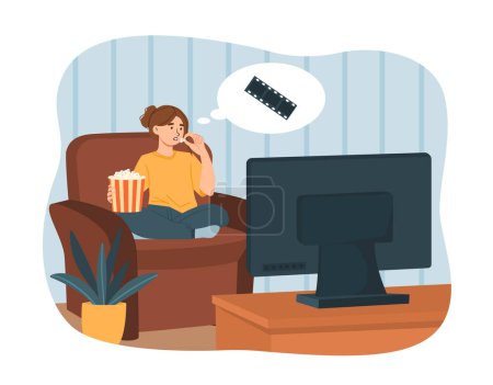 Illustration for Young girl watch film concept. Woman with pop corn sitting at sofa at watch tv show, movie or series. Evening leisure and entertainment. Character with sweet food. Cartoon flat vector illustration - Royalty Free Image