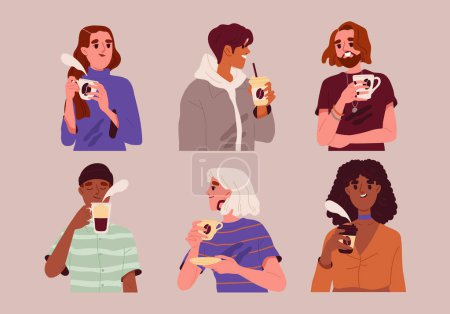 People drink coffee set. Friendly characters in coffee shop with mugs and paper cups drinking beverages. Portraits of young smiling men and women. Cartoon flat vector collection isolated on background